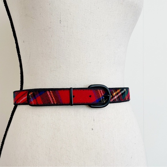 SOLD :: Vintage 80s Wool and Leather Plaid Belt - Picture 2 of 9